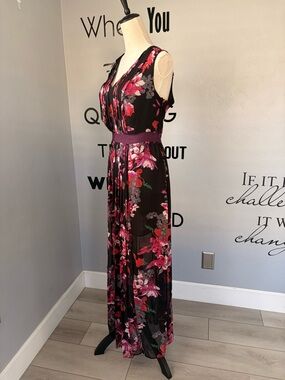 Kirna Zabete Black Maxi Dress with Floral Print Side Slit & Sheer Bottom Size 14